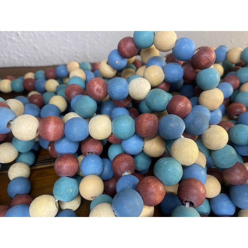 Christmas Wooden Bead Garland Primitive Rustic 4 Strands 8’ Holiday Tree Decor